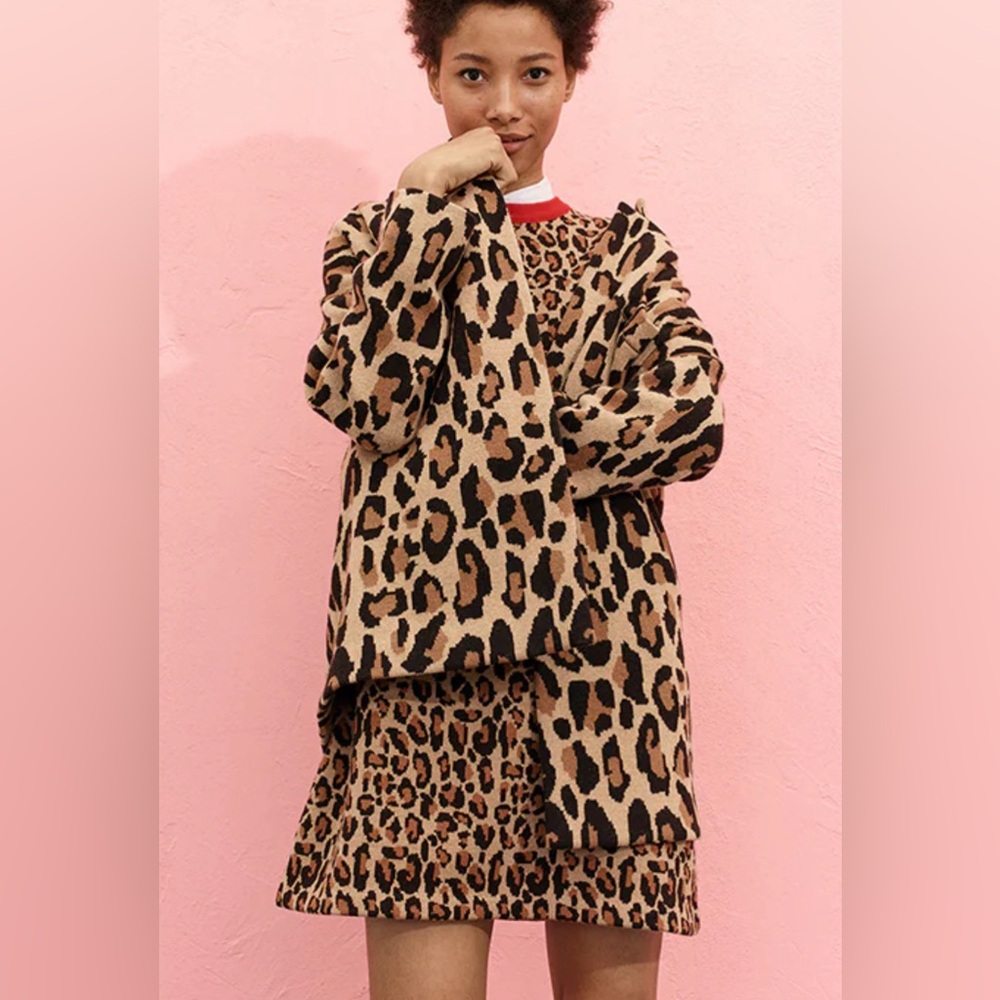 Demylee x J Crew Long Wool Open Cardigan Sweater Blazer Oversized XS S Leopard